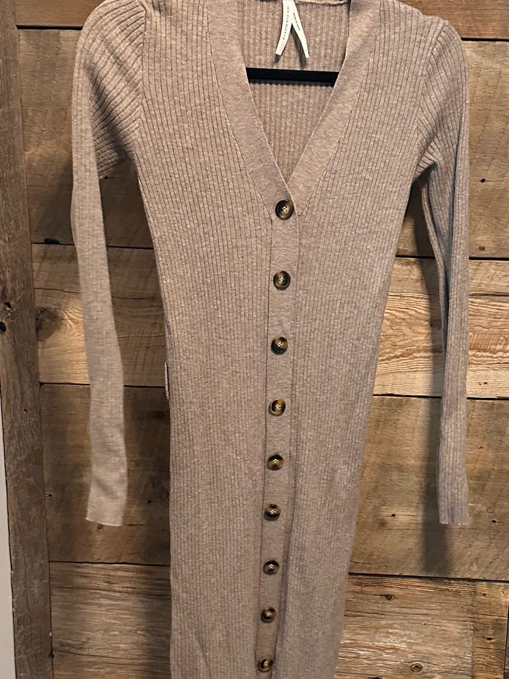 Ribbed V-Neck Button-Front Long Sleeve Midi Dress in Taupe